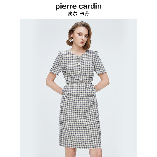 [皮尔卡丹女装]连衣裙羊毛提花千鸟格纹通勤假两件 商品图3