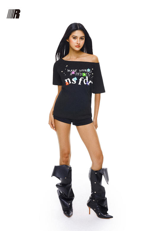 FDR官方店“热岛假日”珍珠花朵斜肩短袖t恤女夏季辣妹露肩上衣 商品图5