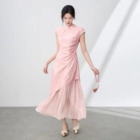 【高货wl】全新升级【铂金会员321/天猫429/差价108】(95204) 洛诗琳新中式温婉优雅假两件暗纹提花拼压褶琉光纱连衣裙