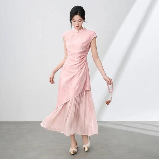 【高货wl】全新升级【铂金会员321/天猫429/差价108】(95204) 洛诗琳新中式温婉优雅假两件暗纹提花拼压褶琉光纱连衣裙 商品图0