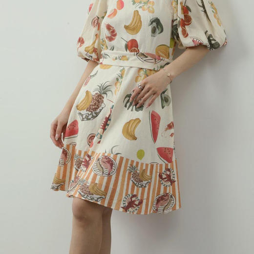 洛诗琳21714气质亚麻连衣裙2025夏季定位印花灯笼袖收腰裙子0368 商品图3