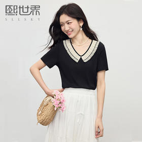 【周末秒杀】熙世界2025夏季新款法式田园风撞色花边V领T恤女短袖时尚减龄上衣