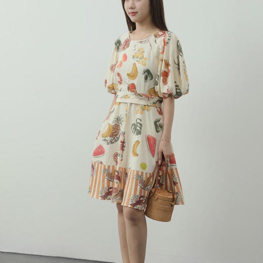洛诗琳21714气质亚麻连衣裙2025夏季定位印花灯笼袖收腰裙子0368 商品图1