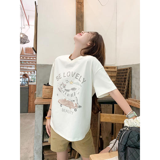 <曾小咸推荐>百搭奶白色猫咪印花宽松圆领短袖T恤 商品图3