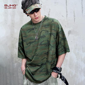 BJHG不计后果 迷彩短袖T恤男夏季潮美式复古仿麂皮绒高街痞帅体恤