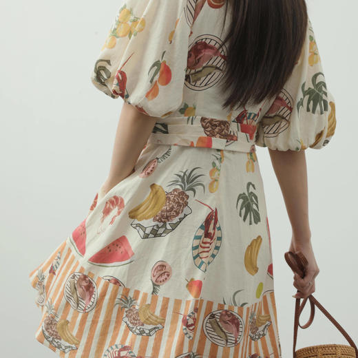 洛诗琳21714气质亚麻连衣裙2025夏季定位印花灯笼袖收腰裙子0368 商品图4