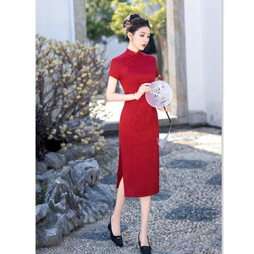 GX复古中国风红装提花短袖旗袍2025夏新款喜妈妈婚宴中式旗袍 商品图0