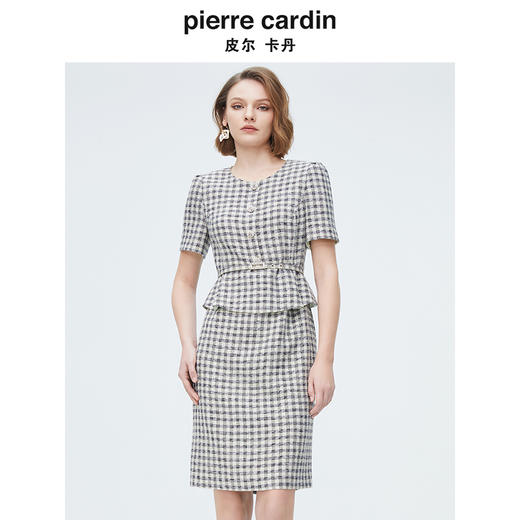 [皮尔卡丹女装]连衣裙羊毛提花千鸟格纹通勤假两件 商品图2