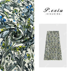 【旷野的风】100%人丝法式印花撞色褶皱感松紧腰半身裙 W-62930