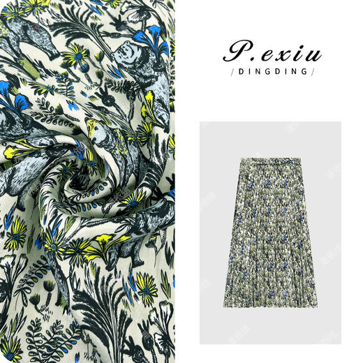 【旷野的风】100%人丝法式印花撞色褶皱感松紧腰半身裙 W-62930 商品图0