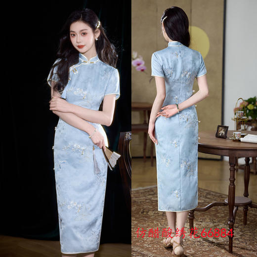 GX复古中国风高密仿醋酸绣花长款短袖旗袍2025夏季新款老上海旗袍裙 商品图2
