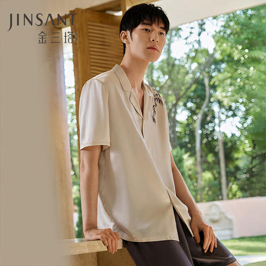 【水墨竹影】重磅真丝睡衣男新中式印花短袖短裤衣裤套家居服金三塔  YSMFA401 商品图0