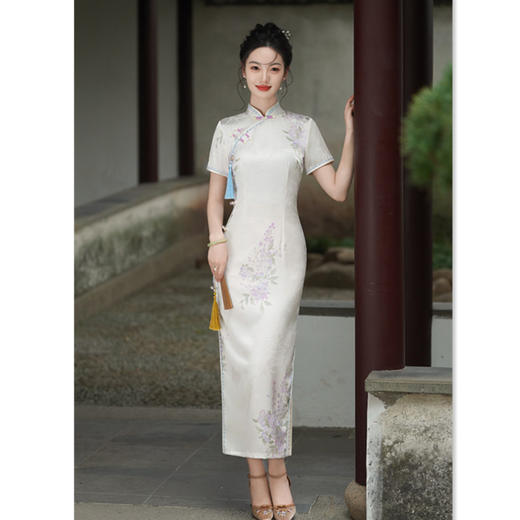 GX中国风仿醋酸印花旗袍2025夏季新款复古风中式素雅年轻女士旗袍裙 商品图3