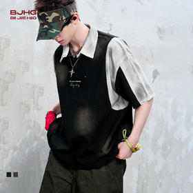 BJHG不计后果美式复古拼接撞色短袖男款夏季高街休闲假两件POLO衫