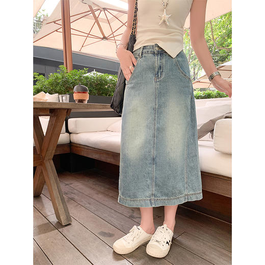 <曾小咸推荐>休闲蓝色高腰A字牛仔半身裙 商品图0