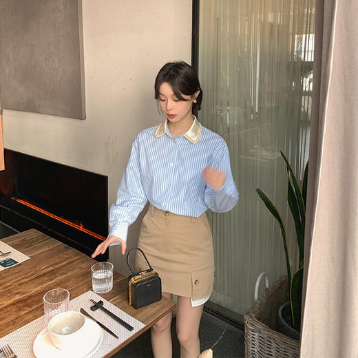 金蘑菇菇 Jennifer‘s fall / 柔焦少女 春日精致感条纹衬衫套装 商品图0