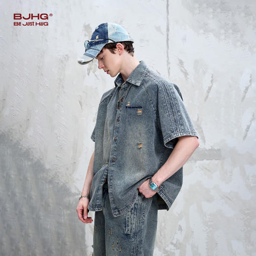 BJHG不计后果牛仔短袖衬衫男夏2025新款宽松潮流重工刺绣衬衣外套 商品图2