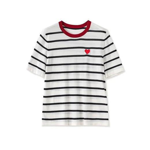 【高货wl】全新升级【铂金会员183/天猫239/差价56】(05322) 洛诗琳爱心刺绣撞色条纹16针机四平密织桑蚕丝针织上衣 商品图4