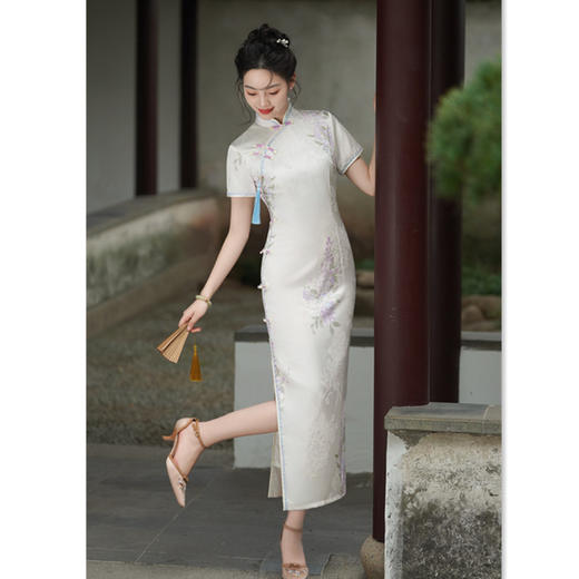 GX中国风仿醋酸印花旗袍2025夏季新款复古风中式素雅年轻女士旗袍裙 商品图0