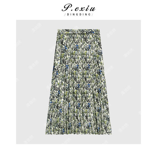 【旷野的风】100%人丝法式印花撞色褶皱感松紧腰半身裙 W-62930 商品图1