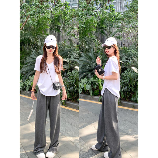 <曾小咸推荐>韩系宽松V领白色T恤灰色休闲裤套装 商品图4