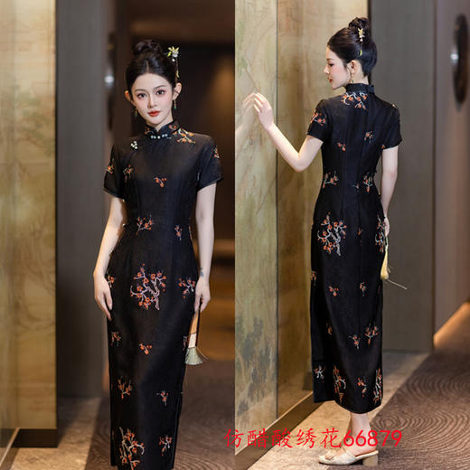 GX复古风仿醋酸绣花长款短袖旗袍2025夏季新款宴会旗袍裙 商品图3