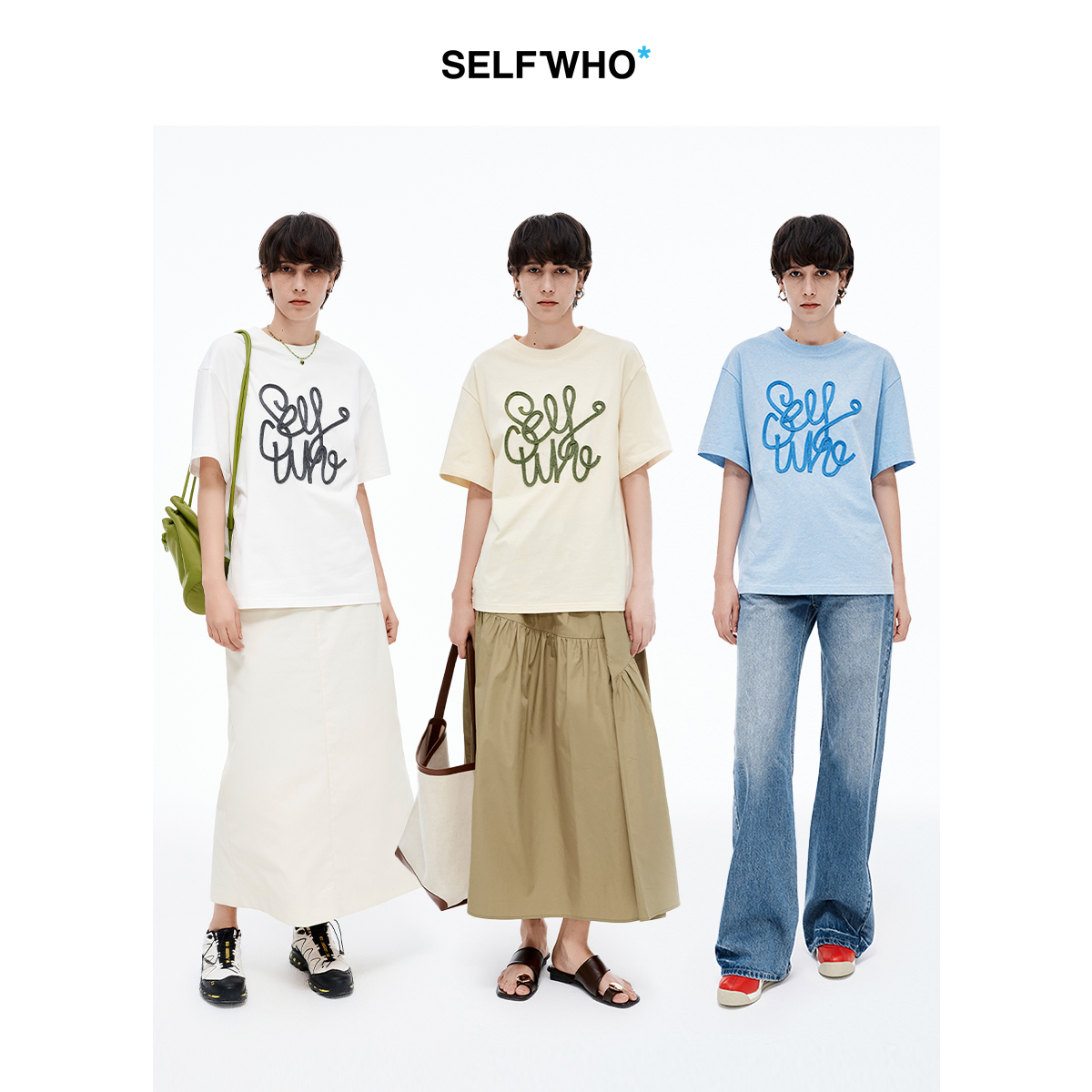 [黄圣依同款]SELFWHO全棉纯色短袖T恤女夏季新款宽松手工摇绣上衣
