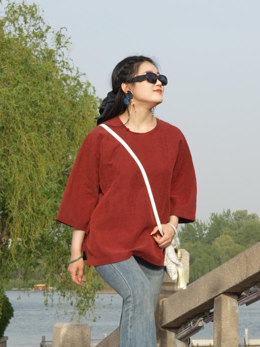 春夏新中式短款斜襟系带龟裂纹香云纱小衫U20326捌 。 商品图3