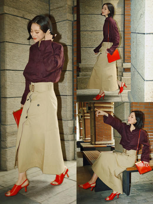 HIDEMI【当当同款】进口羊皮露趾设计感可调节扣中高跟凉鞋 红色/深棕色/白色鳄鱼纹/粉色鳄鱼纹 商品图5