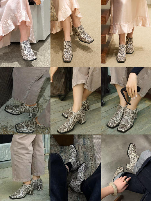 HIDEMI 进口顶级甄选蟒蛇皮极简方头都市设计感粗跟中跟皮鞋 商品图2