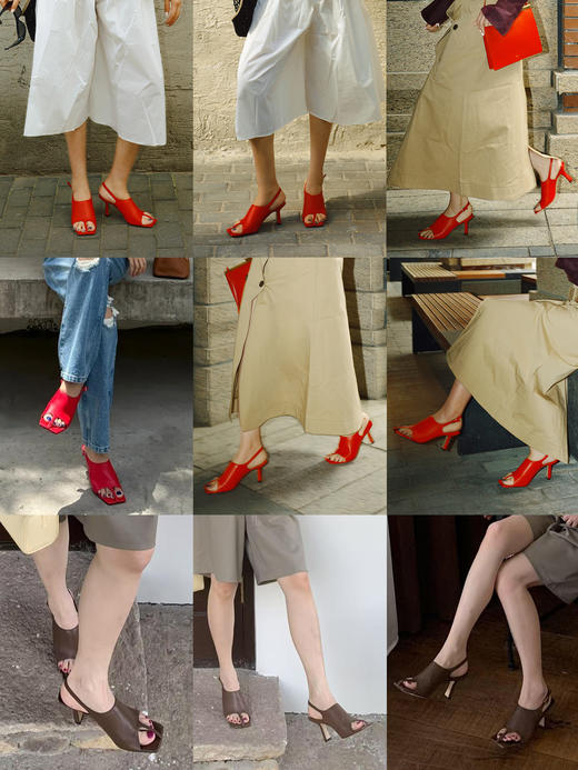 HIDEMI【当当同款】进口羊皮露趾设计感可调节扣中高跟凉鞋 红色/深棕色/白色鳄鱼纹/粉色鳄鱼纹 商品图2