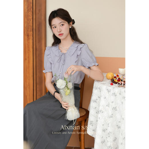 鹿向南《烂漫初夏》法式短袖衬衫2025新款女夏季宽松衬衣紫色上衣 商品图4