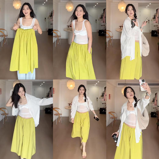 HIDEMI【当当同款】 浅春系甄选长绒棉极简设计感花苞压褶圆领廓形衬衫裙裤套装 白色/有机青柠绿  衬衫/裙裤 商品图8