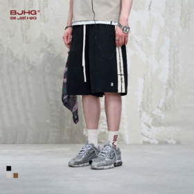 BJHG不计后果麂皮绒拼接串标短裤男款夏季潮牌休闲运动直筒五分裤