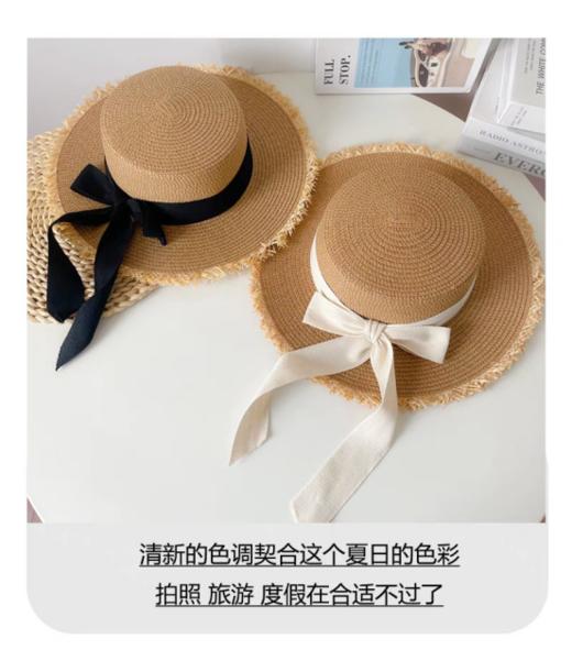 🌸超气质的【法式度假风平顶草帽】！🌈约会度假就戴它！ 明星同款蝴蝶结平顶草帽💯 ✅帽身细密编织，不易变形，挺阔透气 ✅中帽檐设计，显脸小，气质优雅！ 商品图1