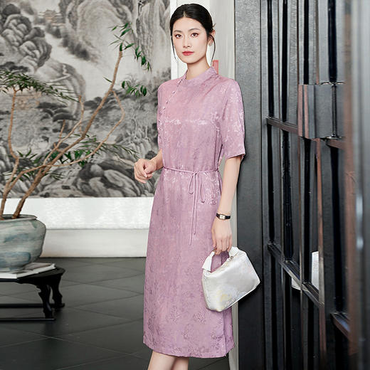 TC 54801改良新中式半高领显瘦复古暗纹提花桑蚕丝日常旗袍连衣裙 商品图3