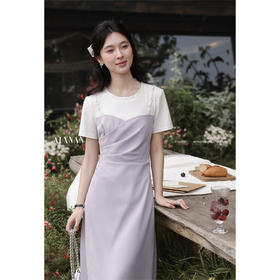 鹿向南「月漫星河」法式气质紫色假两件短袖连衣裙女夏设计感长裙