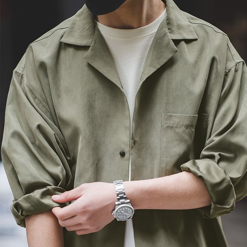 马登工装法式复古长袖古巴领薄衬衫那不勒斯美式衬衣桃皮绒男春季