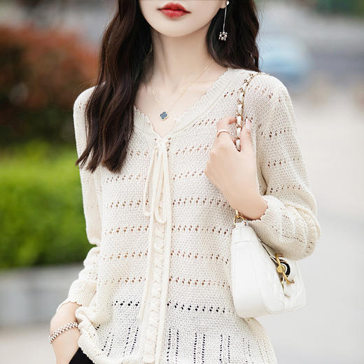 丁摩 春夏新款纯棉线镂空针织衫上衣女洋气小衫宽松显瘦薄款系带空调衫5ZF-115 商品图1