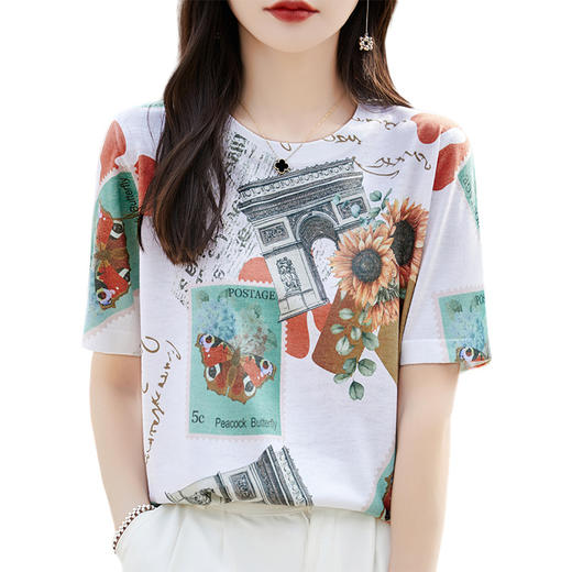 丁摩 精纺薄款短袖印花短袖女夏季新款休闲衬衣宽松显瘦上衣5ZF-4213 商品图4