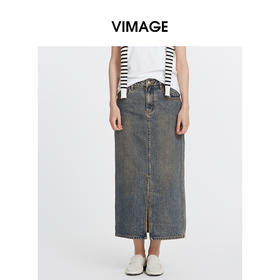 VIMAGE纬漫纪秋季新款牛仔裙中长款女包臀开叉高腰半身裙V2006608