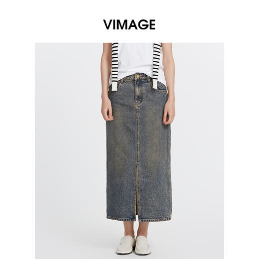 VIMAGE纬漫纪秋季新款牛仔裙中长款女包臀开叉高腰半身裙V2006608 商品图0