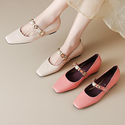 【预售5天】春日秘境~气质方头法式玛丽珍单鞋珍珠一字带浅口真皮单鞋HCYYHD&6042 商品图0