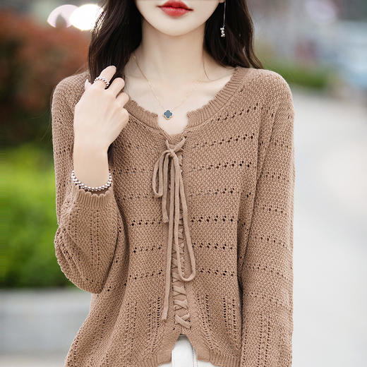 丁摩 春夏新款纯棉线镂空针织衫上衣女洋气小衫宽松显瘦薄款系带空调衫5ZF-115 商品图3