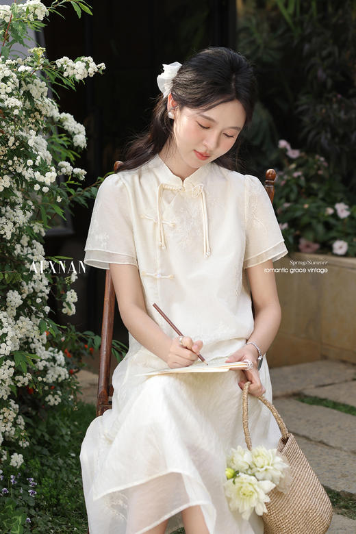 鹿向南「如梦令」杏色新中式短袖半身裙两件套女夏新温柔衬衫套装L55218+L55218BSQ 商品图5