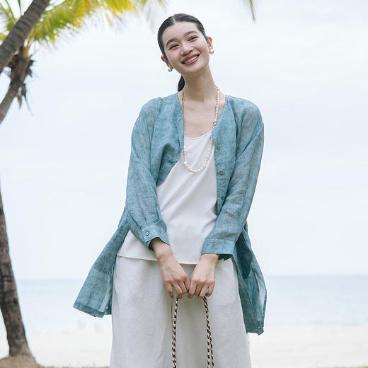 绽放旅行女装194朵/苎麻印花开襟轻薄透气落肩圆领九分袖防晒衫 商品图1