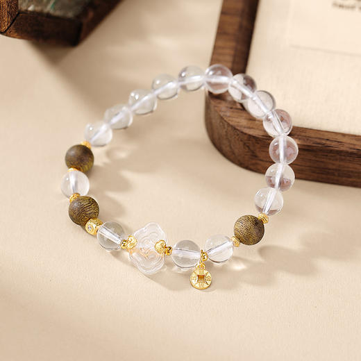 【日进斗金】S925纯银镀金白水晶沉香如意铜钱圆珠手链【CW-23216】 商品图1