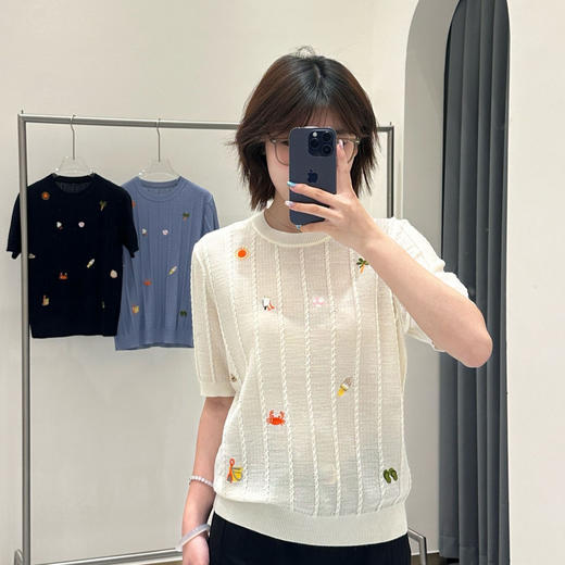 丁摩 春夏新款渡假刺绣细绞花精纺羊毛圆领短袖薄针织套头衫5ZF-16100 商品图1