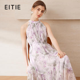 EITIE爱特爱温柔紫植物印花捏褶A字摆挂脖无袖连衣裙2025夏季新款B2507670