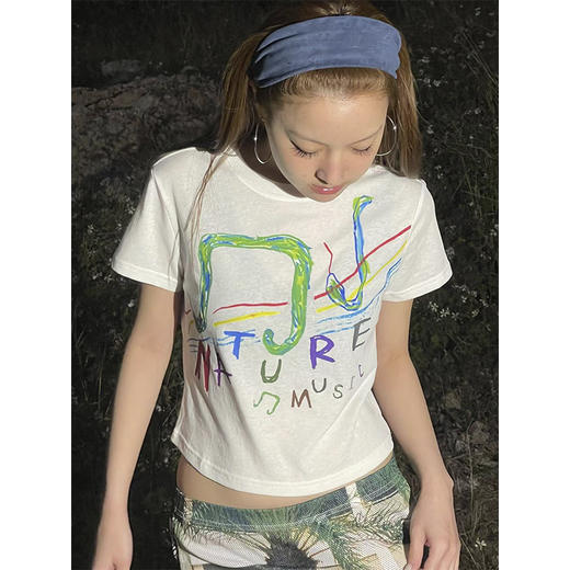 CryingCenter 灵蛇音符自然音乐手绘印花正肩短款轻薄竹节棉TEE 商品图1